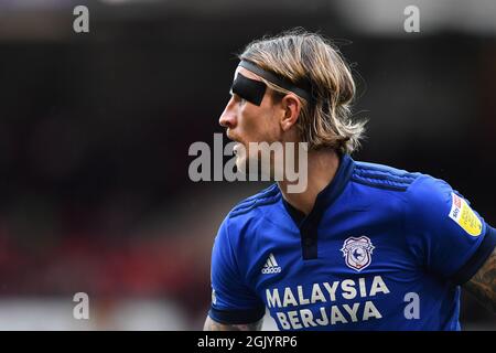 NOTTINGHAM, ROYAUME-UNI. 12 SEPT Aden Flint de Cardiff City pendant le match de championnat Sky Bet entre Nottingham Forest et Cardiff City Ground, Nottingham le dimanche 12 septembre 2021. (Credit: Jon Hobley | MI News) Credit: MI News & Sport /Alay Live News Banque D'Images