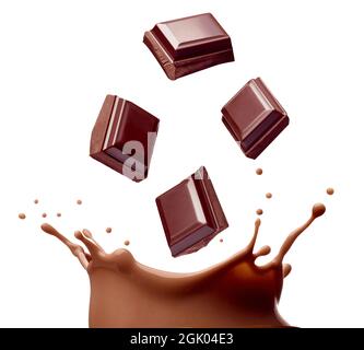 gros plan de la projection de lait au chocolat dans le verre et des morceaux de chocolat sur fond blanc Banque D'Images