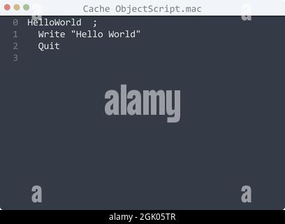 Cache ObjectScript langue Hello World exemple de programme dans l'illustration de la fenêtre de l'éditeur Illustration de Vecteur