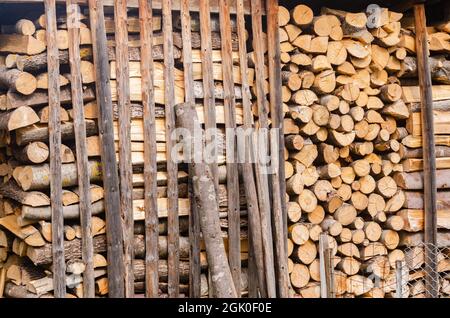 Préparé pour l'hiver un mélange de bois de chauffage provenant de différentes espèces d'arbres, soigneusement empilés dans un garde-manger pour le bois de chauffage. Bois de chauffage pour le chauffage des locaux et Banque D'Images