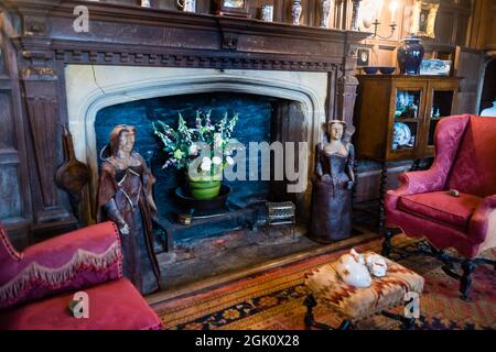 Intérieur de la maison Lytes Cary. Le foyer de feu. Banque D'Images