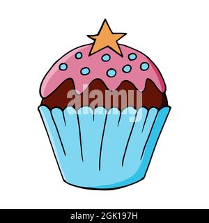 Icône de gâteau à la main avec étoile, muffin en forme de dessin à la main. Illustration vectorielle pour votre conception. Pâtisseries sucrées, muffin mignon. Signe, icône, autocollant, PIN Illustration de Vecteur
