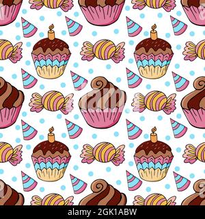 Motif sans couture avec pâtisseries sucrées. Illustration vectorielle. Muffins, petits gâteaux, bonbons. Chapeau d'anniversaire décoratif Illustration de Vecteur