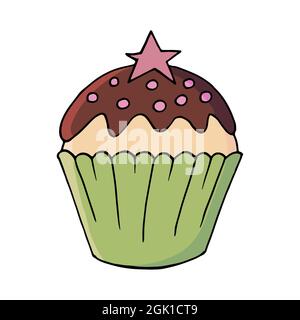 Icône de gâteau à la main avec étoile, muffin en forme de dessin à la main. Illustration vectorielle pour votre conception. Pâtisseries sucrées, muffin mignon. Affiche, icône, autocollant Illustration de Vecteur