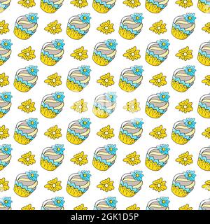 Motif sans couture avec pâtisseries sucrées. Illustration vectorielle. Muffins mignons avec fleurs, petits gâteaux, fleurs. Imprimé décoratif Illustration de Vecteur