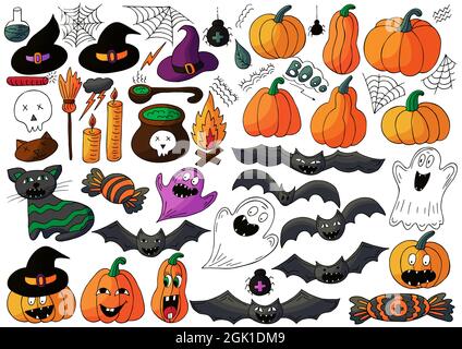 Grand ensemble d'éléments de design pour Halloween en style main. Citrouilles, chauves-souris, fantômes, toiles d'araignée. Icônes Halloween, style dessin animé. Panneau, autocollant, broche Illustration de Vecteur