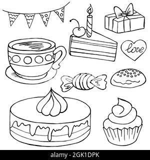 Ensemble d'icônes de cupcakes en forme de main dessiner. Collection d'illustrations vectorielles pour votre conception. Pâtisseries sucrées. Contour, coloriage Illustration de Vecteur