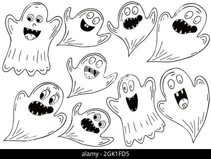 Ensemble de fantômes dans le style de dessin à la main. Collection d'illustrations vectorielles pour Halloween. Éléments de coloriage, style de dessin animé. Affiche, autocollant Illustration de Vecteur