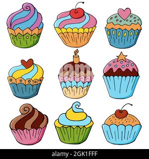 Ensemble d'icônes de cupcakes, muffins en forme de main dessiner. Collection d'illustrations vectorielles pour votre conception. Pâtisseries sucrées, muffins mignons. Affiche, autocollant, Illustration de Vecteur