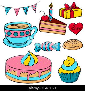 Ensemble d'icônes de cupcakes en forme de main dessiner. Collection d'illustrations vectorielles pour votre conception. Pâtisseries sucrées Illustration de Vecteur