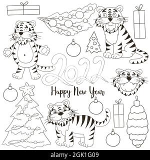 Symbole de 2022. Jeu de tigres et éléments du nouvel an en forme de dessin à la main. Illustrations vectorielles à colorier Illustration de Vecteur