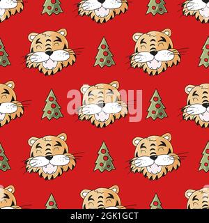 Motif brillant sans coutures avec têtes de tigres dans les chapeaux de Noël, les arbres de Noël. Année du tigre 2022. Peut être utilisé pour le tissu, l'emballage, textil Illustration de Vecteur