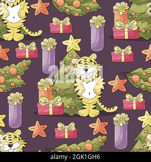 Motif pastel sans couture pour l'année du tigre 2022. Répétition. Tigre, sapin de Noël, cadeaux, décorations pour arbres de Noël. Peut être utilisé pour le tissu et etc Illustration de Vecteur