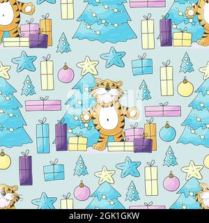 Motif pastel sans couture pour l'année du tigre 2022. Répétition. Tigre, sapin de Noël, cadeaux, décorations pour arbres de Noël. Peut être utilisé pour le tissu, l'emballage Illustration de Vecteur