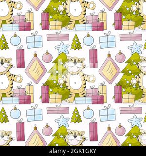 Motif pastel sans couture pour l'année du tigre 2022. Répétition. Tigre, sapin de Noël, cadeaux, décorations pour arbres de Noël. Peut être utilisé pour le tissu, les emballages Illustration de Vecteur