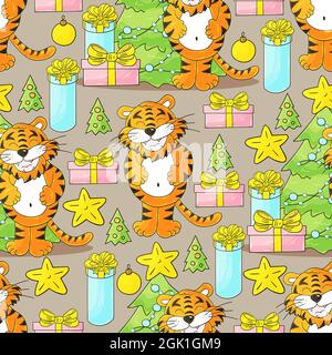 Motif vectoriel sans couture pour l'année du tigre 2022. Motif à la main style de dessin. Tigre, sapin de Noël, cadeaux, décorations pastel. Peut être utilisé pour fabr Illustration de Vecteur