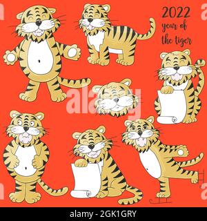 Symbole de 2022. Jeu de tigres lumineux en forme de dessin à la main. Faces de tigres. Nouvelle année 2022. Collection d'illustrations Illustration de Vecteur