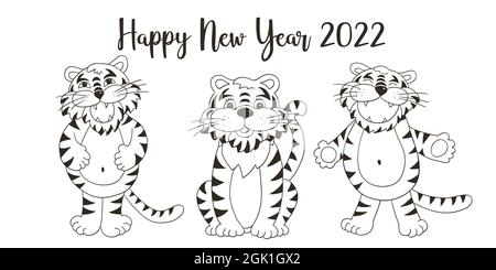 Symbole de 2022. Carte de vœux vectorielle nouvel an avec style main. Nouvelle année. Trois tigres. Illustration monochrome pour cartes postales et calendriers Illustration de Vecteur