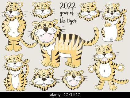 Symbole de 2022. Faces de tigres. Jeu de tigres en forme de dessin à la main. Nouvelle année 2022. Collection d'illustrations vectorielles pastel pour le design Illustration de Vecteur