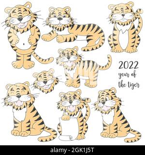 Symbole de 2022. Jeu de tigres en forme de dessin à la main. Faces de tigres. Nouvelle année 2022. Collection d'illustrations vectorielles pastel Illustration de Vecteur