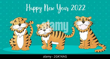 Symbole de 2022. Carte de vœux vectorielle nouvel an avec style main. Nouvelle année. Trois tigres. Illustration lumineuse pour cartes postales, calendriers, affiches Illustration de Vecteur