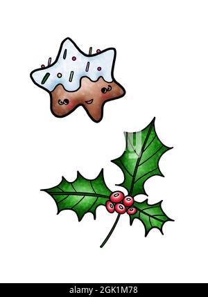 Illustration de jolis biscuits de Noël avec décoration et branches de poinsettia avec baies sur un fond blanc isolé. Banque D'Images