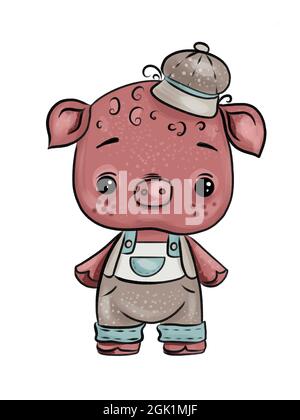 Illustration d'un joli cochon rose avec une casquette sur sa tête en vêtements sur un fond blanc isolé. Banque D'Images