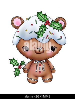 Illustration d'un adorable ours avec décoration de Noël et branches de poinsettia avec baies sur sa tête sur un fond blanc isolé. Banque D'Images