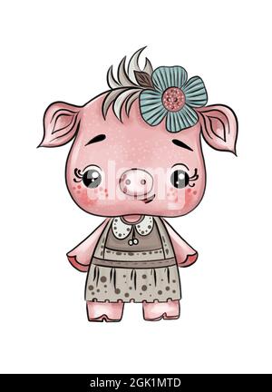 Illustration d'une jolie petite fille cochon rose avec une couronne de fleur sur sa tête dans une robe brune sur un fond blanc isolé. Banque D'Images