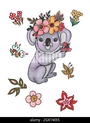 Illustration d'un joli koala lilas avec une couronne florale festive sur sa tête et différents bouquets de fleurs sur un fond blanc isolé. Banque D'Images