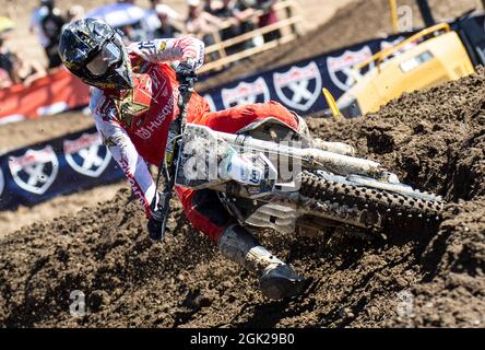 Septembre 11 2021 Rancho Cordova, CA USA le pilote d'usine Husqvarna RJ Hampshire sort du nave16 lors du moto de classe 250 Lucas Oil Pro Motocross Hangtown Classic à la Hangtown Rancho Cordova, CA Thurman James/CSM Banque D'Images