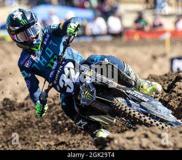 Septembre 11 2021 Rancho Cordova, CA États-Unis Yamaha pilote d'usine Justin Cooper sortir du nave16 pendant le motocross Lucas Oil Pro Hangtown Classic 250 classe moto # 1 à Hangtown Rancho Cordova, CA Thurman James/CSM Banque D'Images