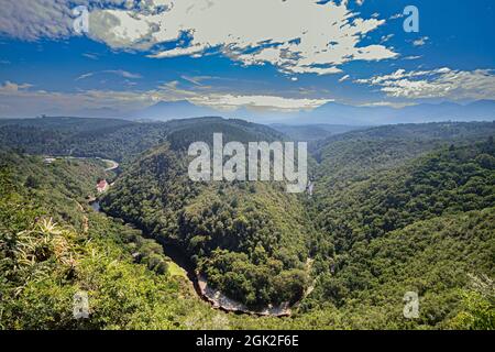 La vue de la formation de terres boisées appelée carte de l'Afrique vue de la hauteur sauvage dans la nature sauvage sur la route des jardins à l'ouest du Cap, Afrique du Sud. Banque D'Images