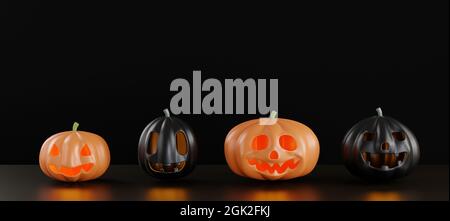 Le potiron noir et les visages fantômes orange font peur du concept Happy Halloween Day sur le podium sur fond noir, conception minimale, illustration de rendu 3D Banque D'Images