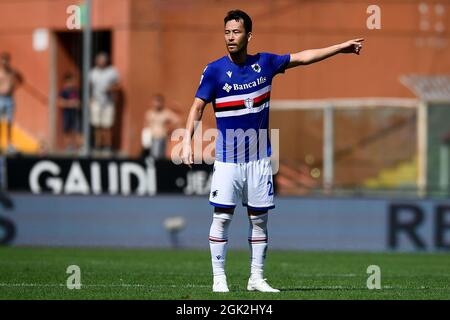 Gênes, Italie. 12 septembre 2021. Maya Yoshida de UC Sampdoria gestes pendant la série Un match de football entre UC Sampdoria et FC Internazionale. Credit: Nicolò Campo/Alay Live News Banque D'Images