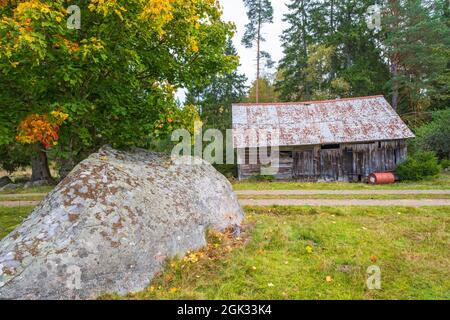 Grande pierre par un hangar dans la forêt en automne Banque D'Images