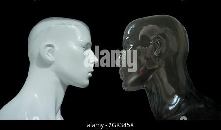 Profil de buste des mannequins noirs et blancs. Isolé sur fond noir Banque D'Images