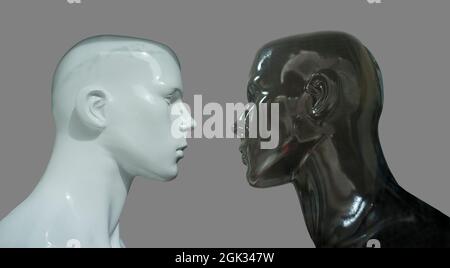 Profil de buste des mannequins noirs et blancs. Isolé sur fond gris Banque D'Images