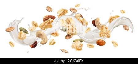 Granola avec éclaboussures de lait isolées sur fond blanc Banque D'Images