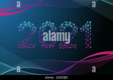 Design de texte Noël et bonne année 2021. Communication graphique 2021. Lignes connectées avec points. Conception pour présentation, circulaire Banque D'Images