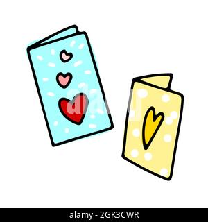 Cartes postales Doodle avec ensemble coeurs. Cartes de couleur à points dessinées à la main isolées sur fond blanc. Signe de félicitations, invitation de mariage, courrier, Saint-Valentin Illustration de Vecteur