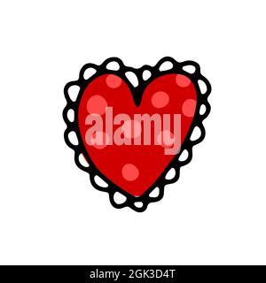Doodle Saint Valentin frill coeur. Symbole d'amour rouge dessiné à la main, isolé sur fond blanc. Jolie carte de voeux coeur avec dentelle, pois. Décoration maison, wedd Illustration de Vecteur
