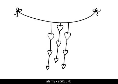 Guirlande de fils de jour Doodle Valentines. Festoon dessiné à la main isolé sur fond blanc. Décrivez la décoration de fête avec des coeurs, des rubans, des noeuds. Vecteur l Illustration de Vecteur