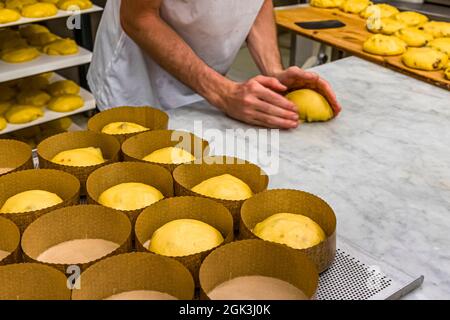 Production de panettone dans la Pasticceria Marnin à Locarno, Suisse. Circolo di Locarno, Suisse Banque D'Images