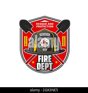 Icône du service de lutte contre les incendies. Service d'incendie, badge d'époque vecteur de brigade de lutte contre les incendies ou symbole rétro avec pelles croisées, casque de pompier avec hache, Illustration de Vecteur