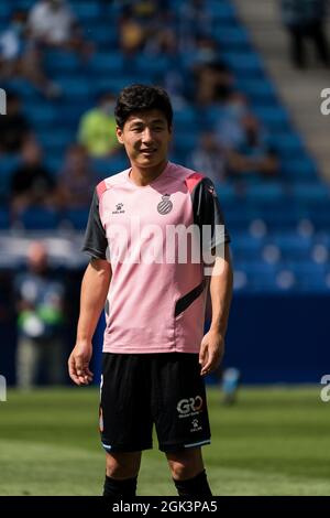 ESPAGNE, FOOTBALL, LA LIGA SANTANDER, RCDE VS ATLÉTICO DE MADRID. RCD Espanyol (07) Wu Lei pendant le match de la Liga Santander entre le RCD Espanyol et l'Atlético de Madrid au stade RCDE, Cornellà, Espagne, le 12 septembre 2021. © Joan Gosa 2021 Banque D'Images