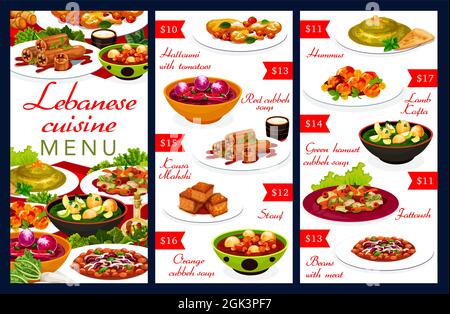 Menu de cuisine libanaise avec des plats vectoriels de cuisine arabe. Houmous, soupes de légumes et ragoût de haricots, fromage halloumi aux tomates, boulettes de viande d'agneau Illustration de Vecteur