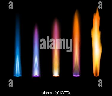 Flammes de couleur. Émission d'ions de gaz et de zinc, de potassium, de strontium et d'éléments chimiques de sodium en chimie analyse en laboratoire essai de flamme. Bleu, violet Illustration de Vecteur