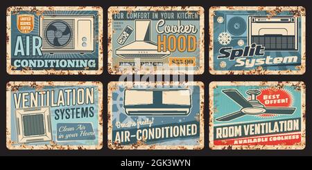 Air conditionné et ventilation métal plaques rouillées, systèmes séparés et appareils ménagers, affiches vecteur vintage. Hottes aspirantes de cuisine, climatiseur Illustration de Vecteur