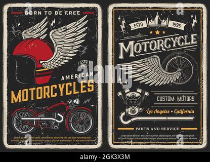 Affiches de vélo et de moto vintage. Moteurs personnalisés, pièces et cartes vectorielles vintage de service pour le club de motards. Garage rétro pour moto, cho antique classique Illustration de Vecteur